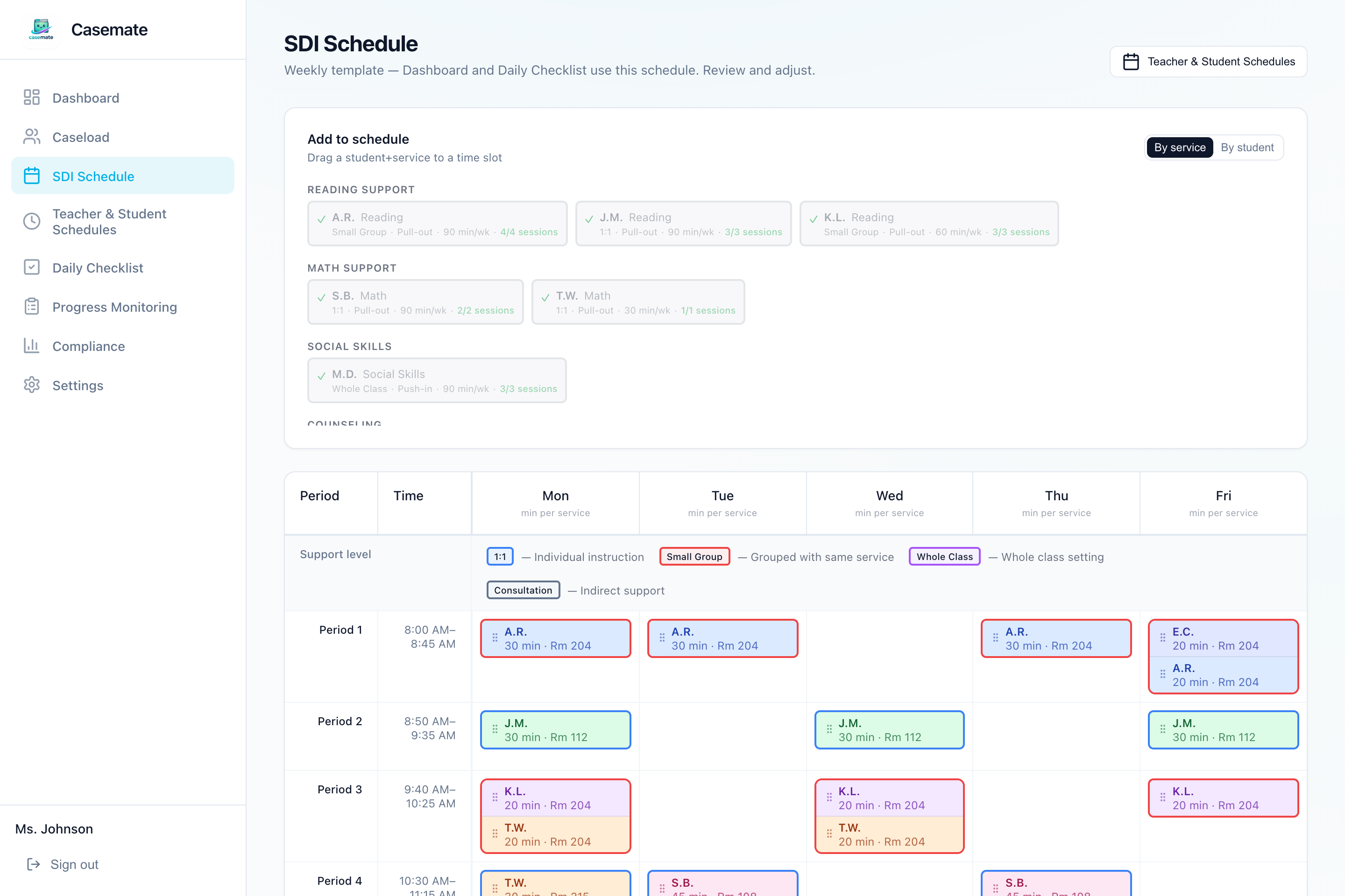 IEP Casemate SDI schedule view showing the weekly grid with student service slots and conflict detection
